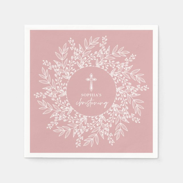 Elegant Wreath and Cross Pink Girl Christening Napkins (Front)