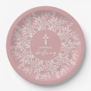 Elegant Wreath and Cross Pink Girl Christening Paper Plates