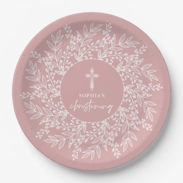 Elegant Wreath and Cross Pink Girl Christening Paper Plates (Front)