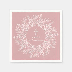 Elegant Wreath and Cross Pink Girl First Communion Napkins