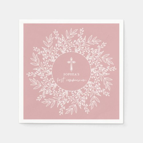 Elegant Wreath and Cross Pink Girl First Communion