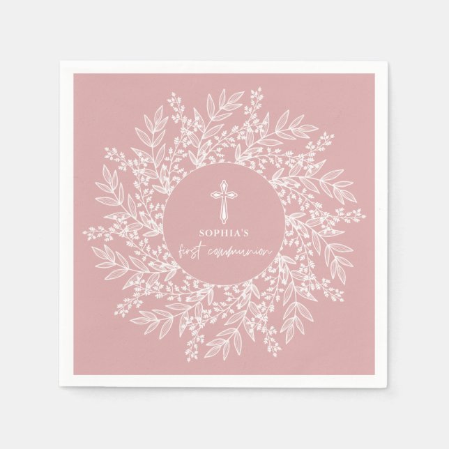 Elegant Wreath and Cross Pink Girl First Communion Napkins (Front)