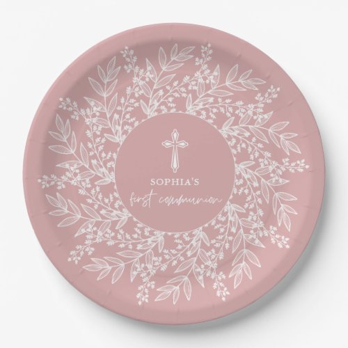 Elegant Wreath and Cross Pink Girl First Communion