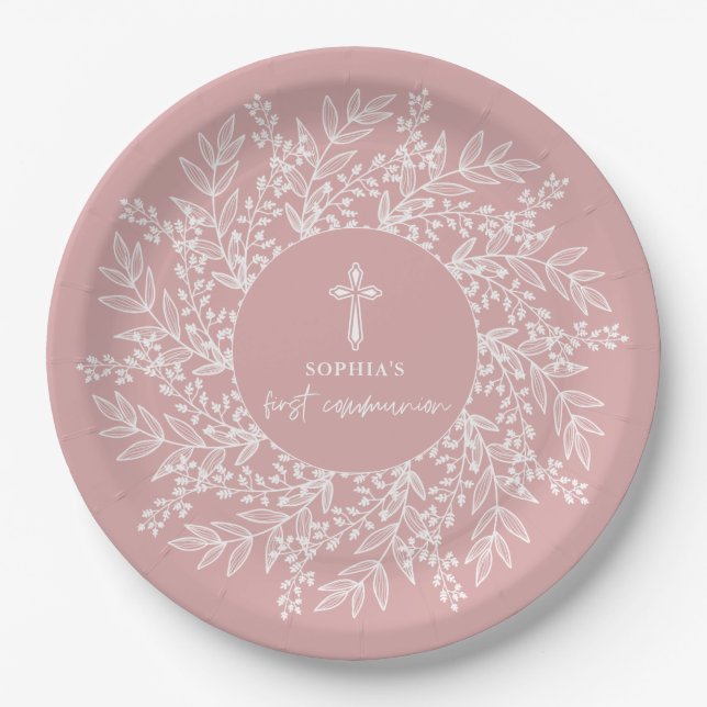 Elegant Wreath and Cross Pink Girl First Communion Paper Plates (Front)