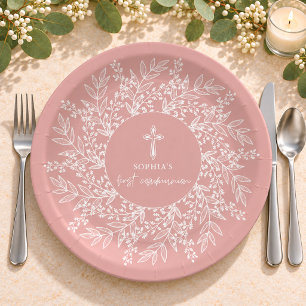 Elegant Wreath and Cross Pink Girl First Communion Paper Plates