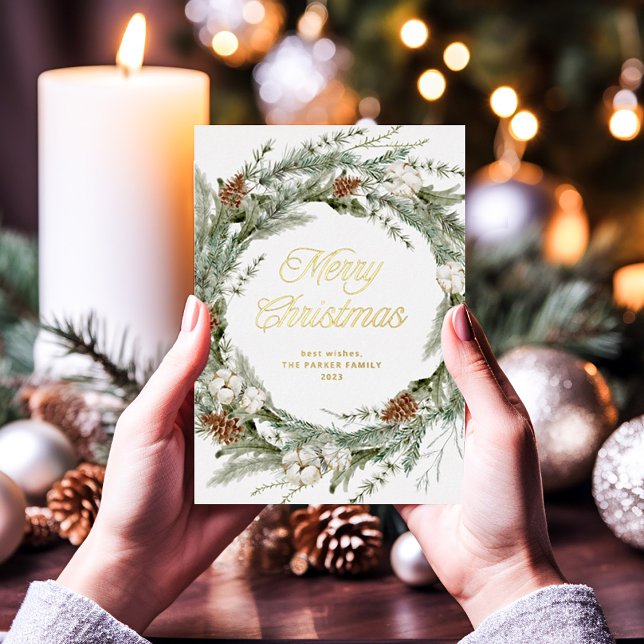 Elegant Wreath and Greenery | Merry Christmas Gold Foil Holiday Card (An elegant, gold foil holiday card with a Christmas wreath and modern calligraphy)