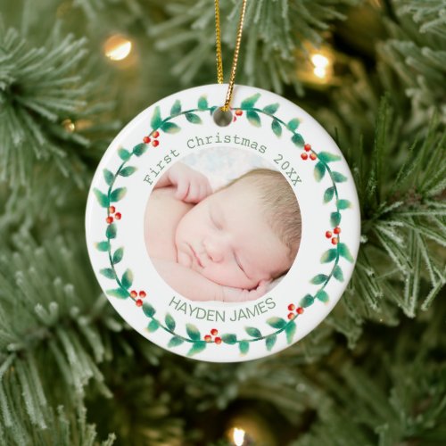 Elegant Wreath Babys First Christmas Custom Photo Ceramic Ornament