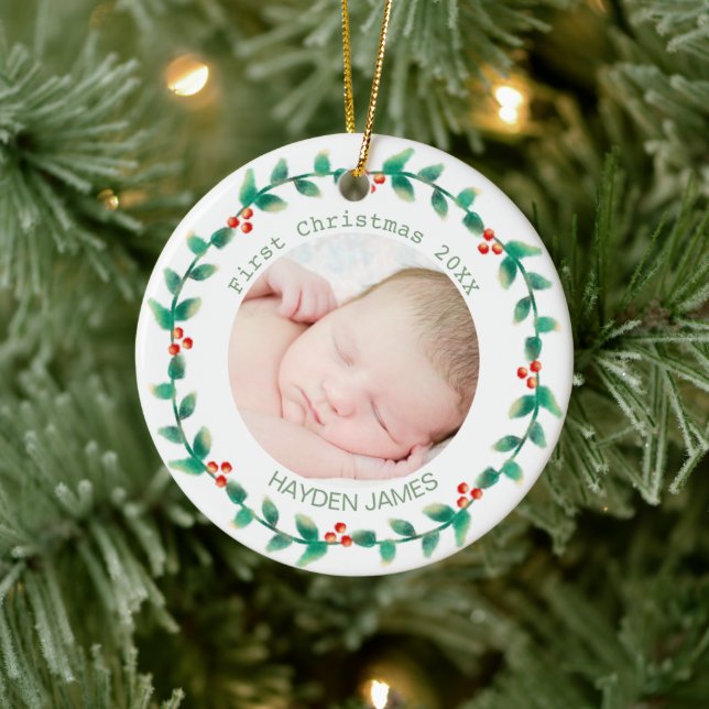 Elegant Wreath Baby's First Christmas Custom Photo Ceramic Ornament (Tree)