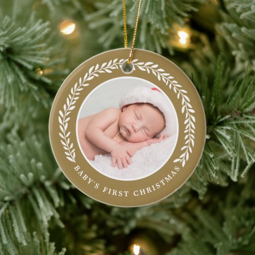 Elegant Wreath Babys First Christmas  Photo Ceramic Ornament