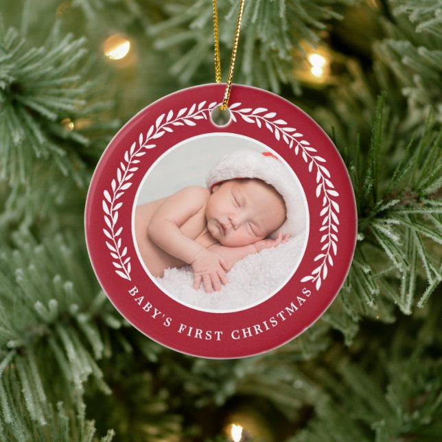 Elegant Wreath Baby's First Christmas | Photo Ceramic Ornament (Tree)