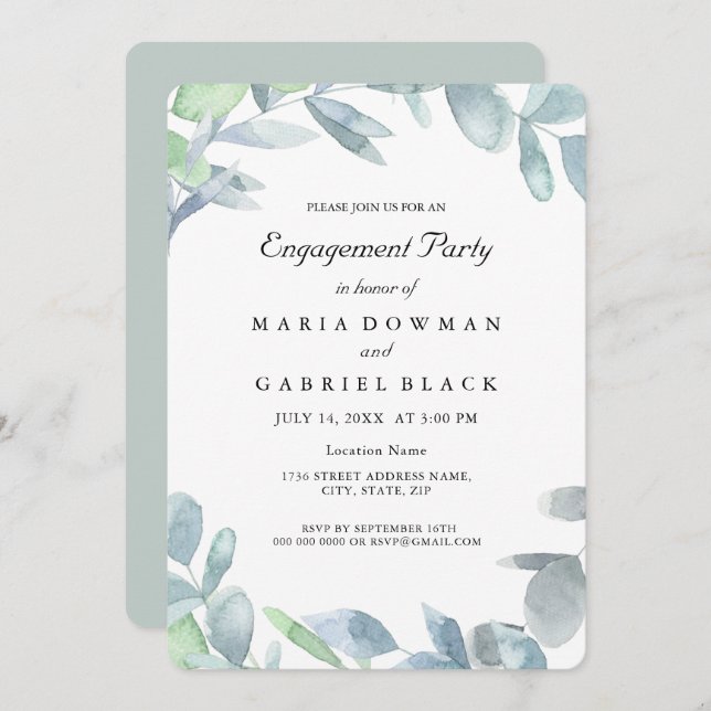Elegant wreath botanical foliage. Engagement Part Invitation (Front/Back)