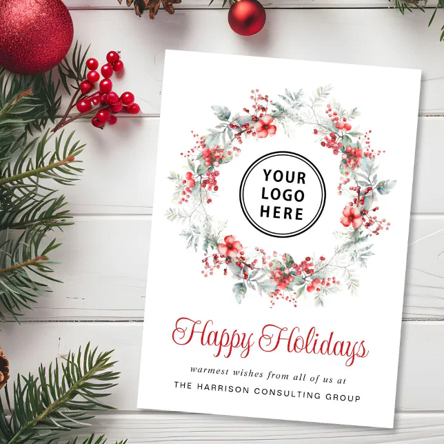 Elegant Wreath Business Logo Corporate Christmas Holiday Card | Zazzle
