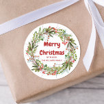 Elegant Wreath Christmas   Classic Round Sticker<br><div class="desc">Red-green berries and branches winter Christmas wreath sticker. Customizable!</div>
