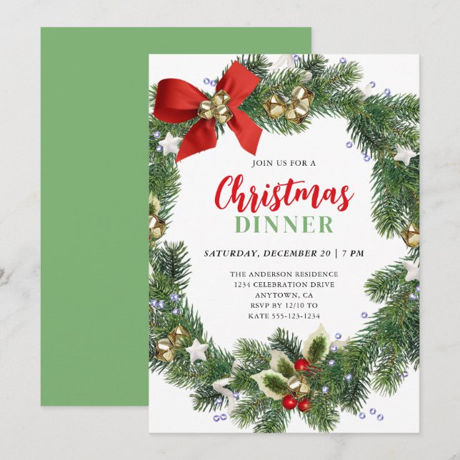 Elegant Wreath Christmas Dinner Party Invitation (Front/Back)
