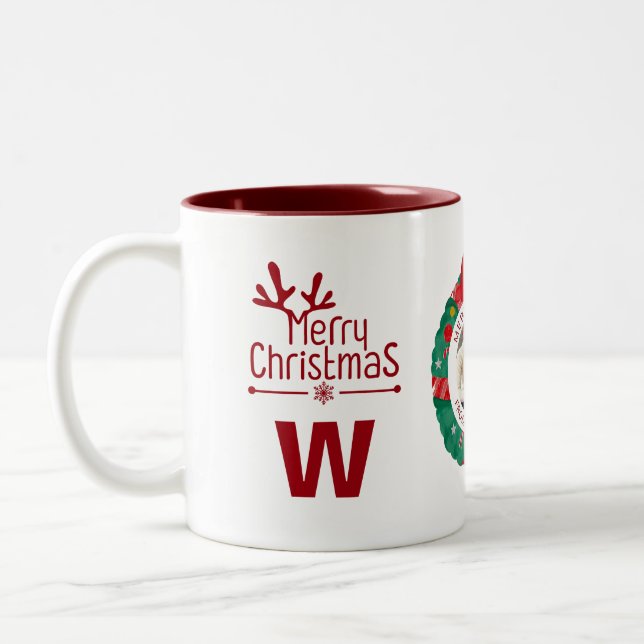 Elegant Wreath Christmas Photo Family Monogram Two-Tone Coffee Mug (Left)