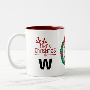 Elegant Wreath Christmas Photo Family Monogram Two-Tone Coffee Mug