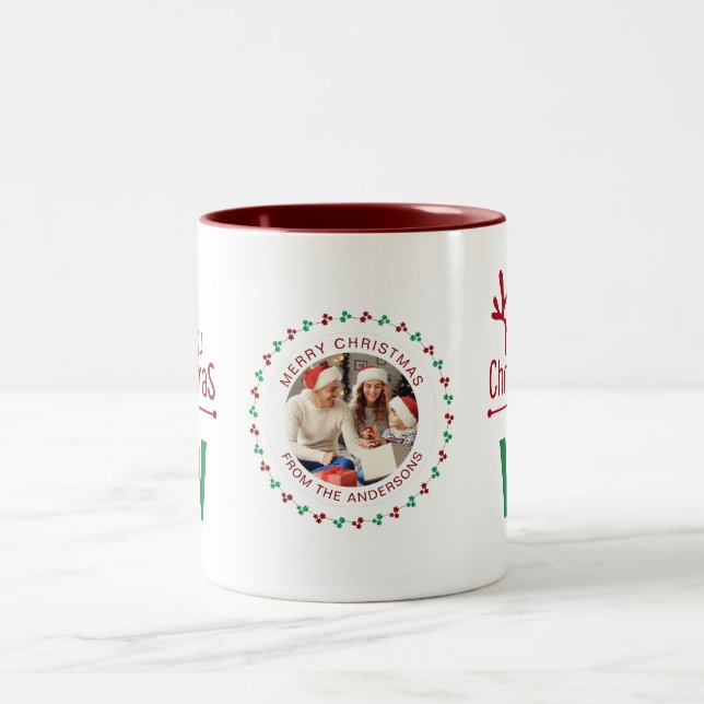 Elegant Wreath Christmas Photo Family Monogram Two-Tone Coffee Mug (Center)