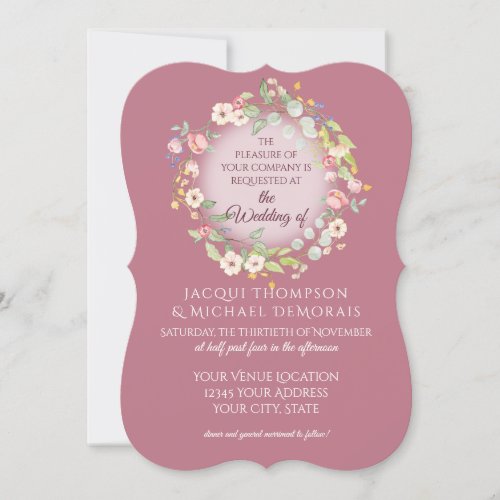 Elegant Wreath Dusty Pink Roses Floral Wedding Invitation