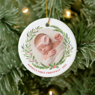 Elegant Wreath First Christmas Photo White Ceramic Ornament