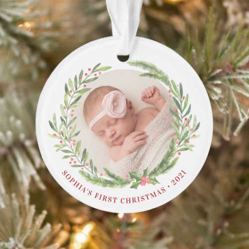 Elegant Wreath First Christmas Photo White Ornament