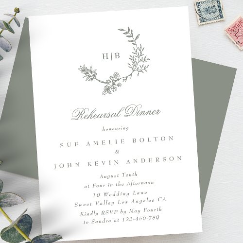 Elegant Wreath Floral Monogram Sage Green Wedding Enclosure Card