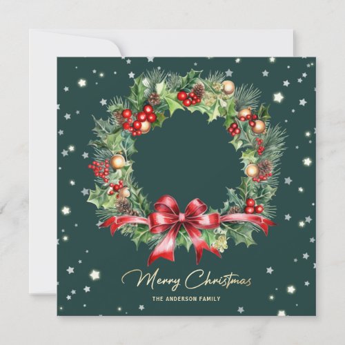 Elegant Wreath Green Photo Merry Christmas Card