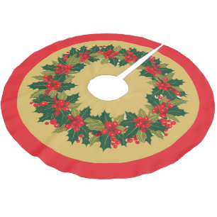 Elegant Wreath Holly Berries Christmas Gold merry Brushed Polyester Tree Skirt