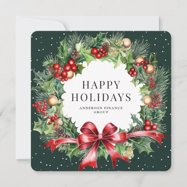 Elegant Wreath Holly Green Business Holiday Card (Front)