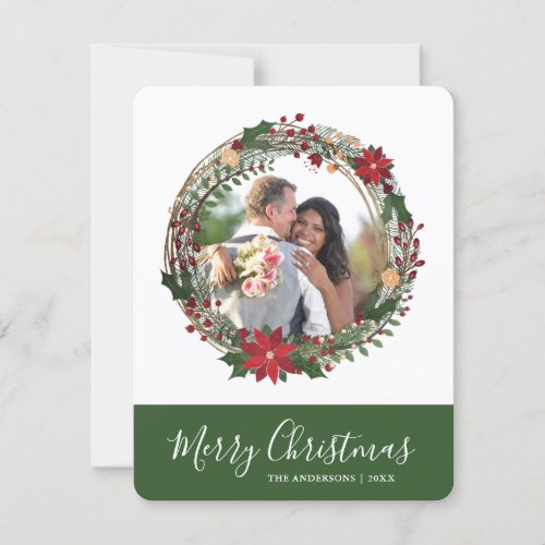 Elegant Wreath Merry Christmas Custom Photo  Holiday Card