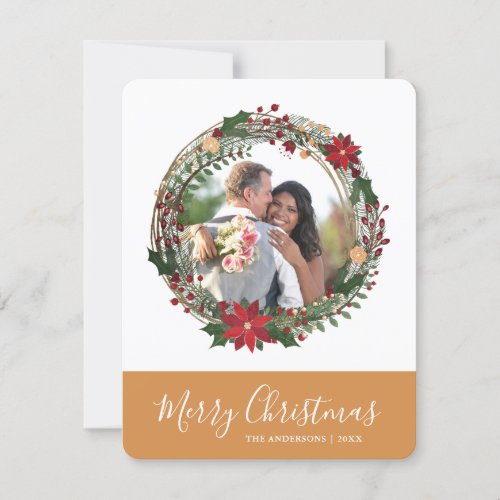 Elegant Wreath Merry Christmas Custom Photo  Holiday Card