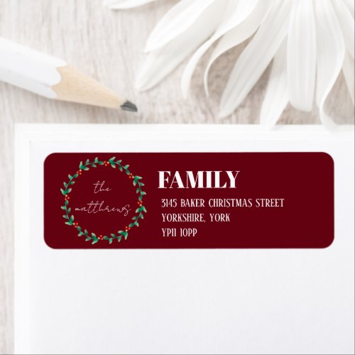 Elegant Wreath Merry Christmas Family Name Custom Label