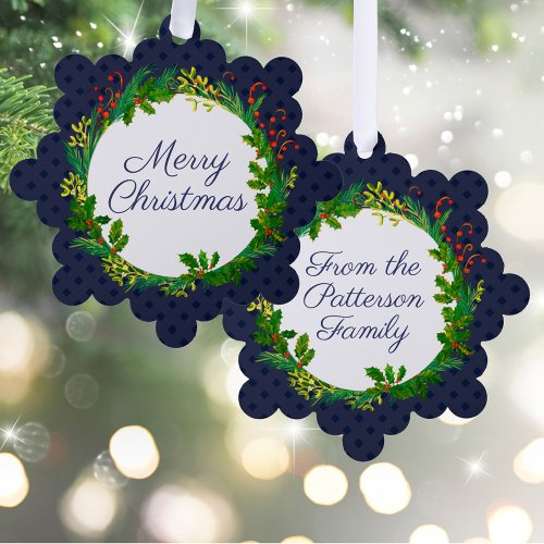 Elegant Wreath Modern Navy Blue Add Name Christmas Ornament Card