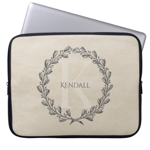 Elegant Wreath Monogram  Beige Laptop Sleeve