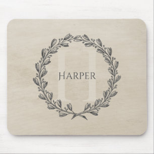 Elegant Wreath Monogram Beige Mouse Pad