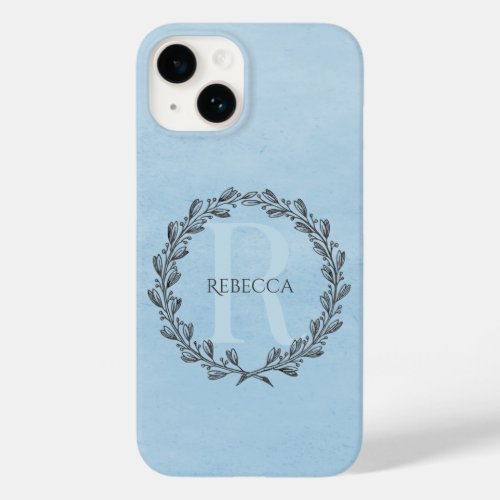 Elegant Wreath Monogram  Blue Case_Mate iPhone 14 Case