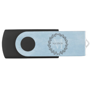 Elegant Wreath Monogram Blue Flash Drive