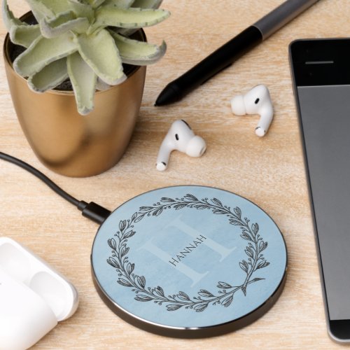 Elegant Wreath Monogram  Blue Wireless Charger