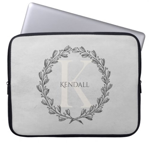 Elegant Wreath Monogram  Gray Laptop Sleeve