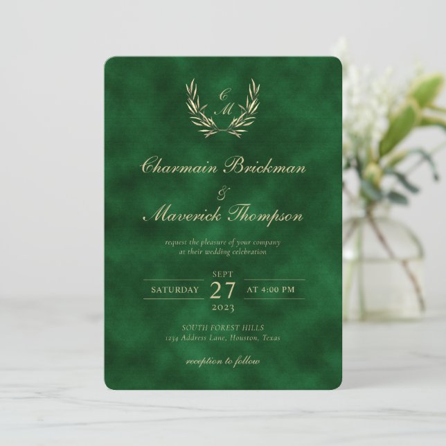 Elegant Wreath Monogram Green Velvet Wedding Invitation (Standing Front)