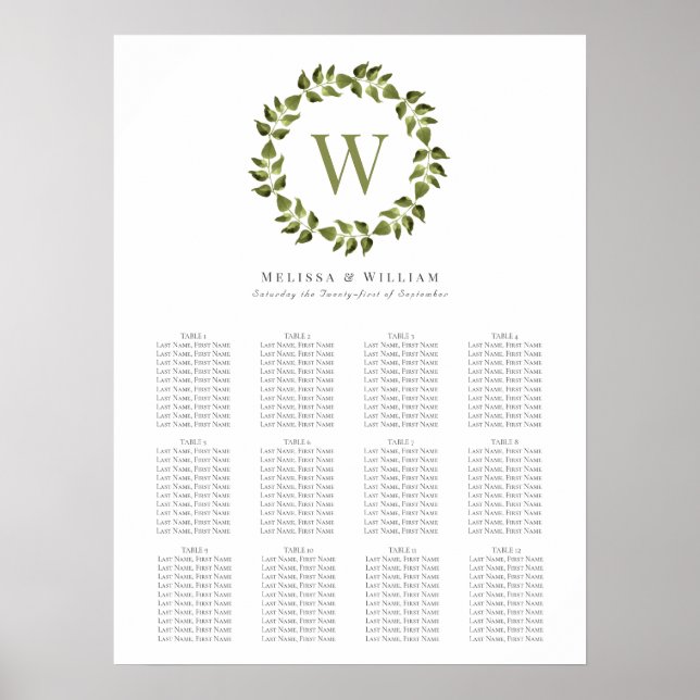 Elegant Wreath Monogram Green Wedding Seating Poster (Front)