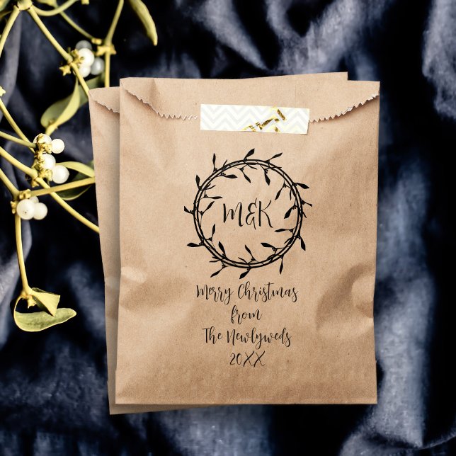 Elegant Wreath Monogram Merry Christmas Favor Bag (Merry Christmas from the Newlyweds! Just add your initials and name)