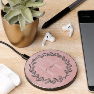 Elegant Wreath Monogram   Pink Wireless Charger