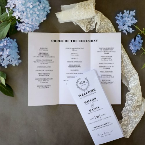 Elegant Wreath Monogram Tri_Fold Wedding Program Flyer