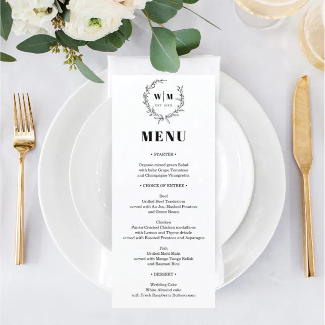 Elegant Wreath Monogram Wedding Menu | Zazzle