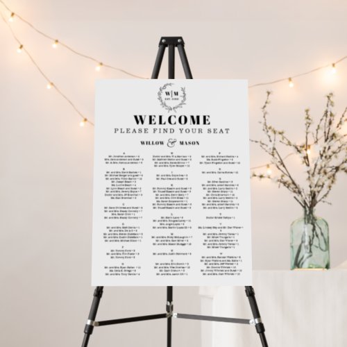 Elegant Wreath Monogram Wedding Seating Chart Foam Board