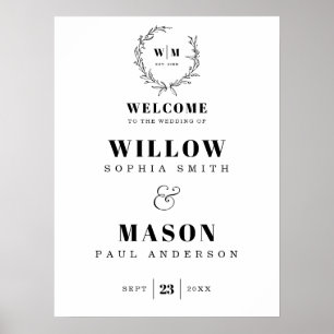 Elegant Wreath Monogram Wedding Welcome Sign
