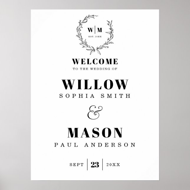 Elegant Wreath Monogram Wedding Welcome Sign (Front)