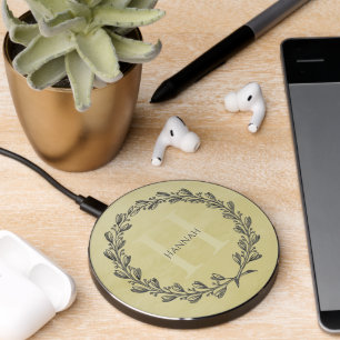 Elegant Wreath Monogram   Yellow Wireless Charger