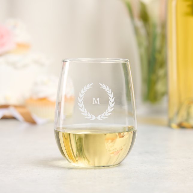 Elegant wreath of leaves monogrammed stemless wine glass (Wedding)