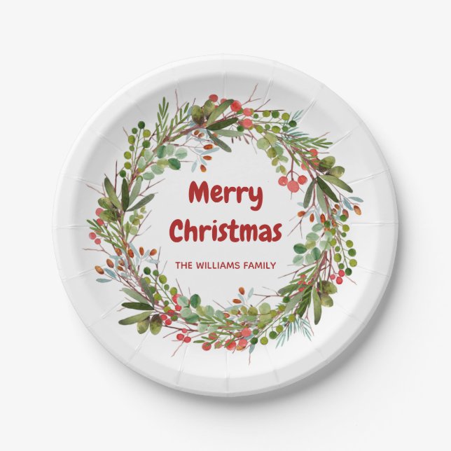 Elegant Wreath Personalized Christmas  Paper Plates (Front)